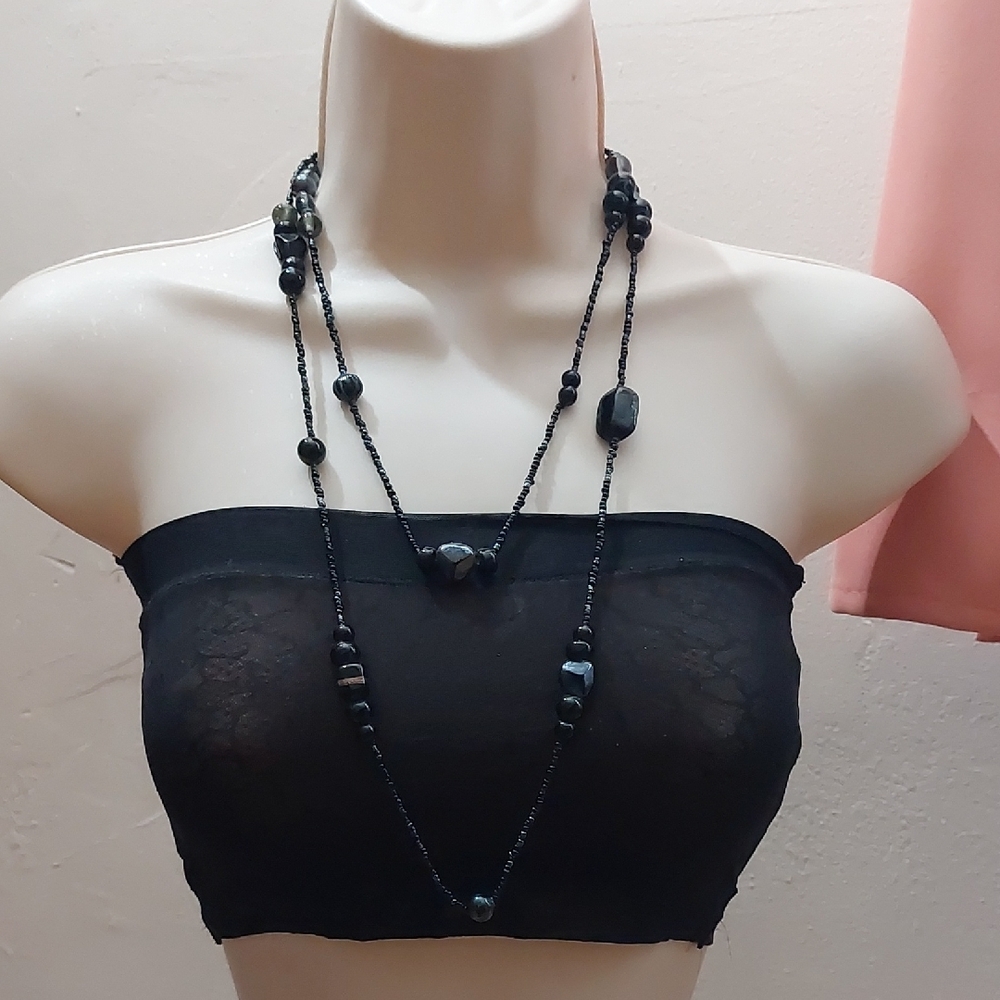 Black Ceramic Glass Station Style Long Beaded Necklace